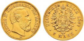 Deutsche Münzen und Medaillen ab 1871. Reichsgoldmünzen. HESSEN. Ludwig IV. 1877-1892 
5 Mark 1877 H. J. 218.
selten, gutes sehr schön