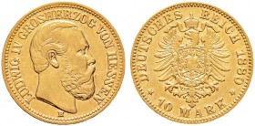 Deutsche Münzen und Medaillen ab 1871. Reichsgoldmünzen. HESSEN. Ludwig IV. 1877-1892 
10 Mark 1880 H. J. 219.
gutes sehr schön