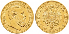 Deutsche Münzen und Medaillen ab 1871. Reichsgoldmünzen. HESSEN. Ludwig IV. 1877-1892 
10 Mark 1888 A. J. 219.
besserer Jahrgang, minimale Kratzer, ...