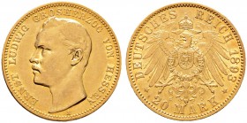 Deutsche Münzen und Medaillen ab 1871. Reichsgoldmünzen. HESSEN. Ernst Ludwig 1892-1918 
20 Mark 1893 A. J. 223.
seltener Einzeltyp, minimale Kratze...