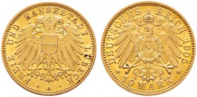 Deutsche Münzen und Medaillen ab 1871. Reichsgoldmünzen. LÜBECK. 
10 Mark 1905 A. J. 228.
selten, vorzüglich-Stempelglanz