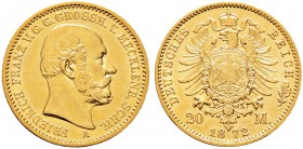 Deutsche Münzen und Medaillen ab 1871. Reichsgoldmünzen. MECKLENBURG-SCHWERIN. Friedrich Franz II. 1842-1883 
20 Mark 1872 A. J. 230.
selten, sehr s...