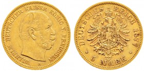 Deutsche Münzen und Medaillen ab 1871. Reichsgoldmünzen. PREUSSEN. Wilhelm I. 1861-1888 
5 Mark 1877 A. J. 244.
minimale Kratzer, sehr schön-vorzügl...