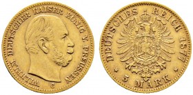 Deutsche Münzen und Medaillen ab 1871. Reichsgoldmünzen. PREUSSEN. Wilhelm I. 1861-1888 
5 Mark 1877 C. J. 244.
sehr schön-vorzüglich