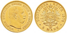 Deutsche Münzen und Medaillen ab 1871. Reichsgoldmünzen. PREUSSEN. Wilhelm I. 1861-1888 
5 Mark 1878 A. J. 244.
vorzüglich/Stempelglanz