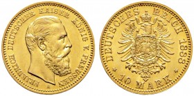 Deutsche Münzen und Medaillen ab 1871. Reichsgoldmünzen. PREUSSEN. Friedrich III. 1888 
10 Mark 1888 A. J. 247.
Prachtexemplar, fast Stempelglanz