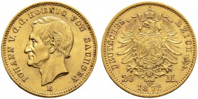 Deutsche Münzen und Medaillen ab 1871. Reichsgoldmünzen. SACHSEN. Johann 1854-1873 
20 Mark 1872 E. J. 258.
winzige Randfehler, vorzüglich-Stempelgl...