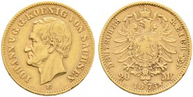 Deutsche Münzen und Medaillen ab 1871. Reichsgoldmünzen. SACHSEN. Johann 1854-1873 
20 Mark 1873 E. J. 259.
kleine Randfehler, sehr schön
