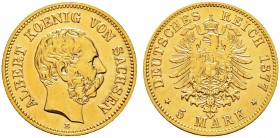 Deutsche Münzen und Medaillen ab 1871. Reichsgoldmünzen. SACHSEN. Albert 1873-1902 
5 Mark 1877 E. J. 260.
Rand leicht bearbeitet, sehr schön
