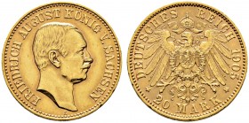 Deutsche Münzen und Medaillen ab 1871. Reichsgoldmünzen. SACHSEN. Friedrich August III. 1904-1918 
20 Mark 1905 E. J. 268.
leichte Randfehler, sehr ...