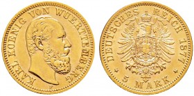 Deutsche Münzen und Medaillen ab 1871. Reichsgoldmünzen. WÜRTTEMBERG. Karl 1864-1891 
5 Mark 1877 F. J. 291.
vorzüglich/fast Stempelglanz