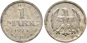 Deutsche Münzen und Medaillen ab 1871. Weimarer Republik. 
1 Mark 1924 D. J. 311.
Prachtexemplar, Stempelglanz