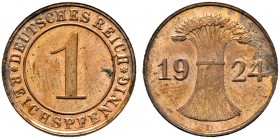 Deutsche Münzen und Medaillen ab 1871. Weimarer Republik. 
1 Reichspfennig 1924 D. J. 313.
selten in dieser Erhaltung, feinst zaponiert, minimal fle...
