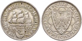 Deutsche Münzen und Medaillen ab 1871. Weimarer Republik. 
3 Reichsmark 1927 A. Bremerhaven. J. 325.
Prachtexemplar mit feiner Patina, Polierte Plat...