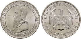 Deutsche Münzen und Medaillen ab 1871. Weimarer Republik. 
3 Reichsmark 1927 F. Uni Tübingen. J. 328.
minimale Kratzer, vorzüglich-Stempelglanz