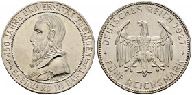 Deutsche Münzen und Medaillen ab 1871. Weimarer Republik. 
5 Reichsmark 1927 F. Uni Tübingen. J. 329.
vorzüglich-Stempelglanz