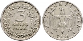 Deutsche Münzen und Medaillen ab 1871. Weimarer Republik. 
3 Reichsmark 1931 J. Kursmünze. J. 349.
selten, fast vorzüglich