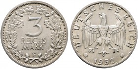 Deutsche Münzen und Medaillen ab 1871. Weimarer Republik. 
3 Reichsmark 1932 F. Kursmünze. J. 349.
selten, gutes vorzüglich