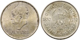 Deutsche Münzen und Medaillen ab 1871. Weimarer Republik. 
3 Reichsmark 1932 F. Goethe. J. 350.
feine Patina, vorzüglich-prägefrisch