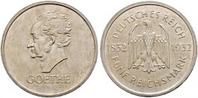 Deutsche Münzen und Medaillen ab 1871. Weimarer Republik. 
5 Reichsmark 1932 E. Goethe. J. 351. Auflage: 1.500 Exemplare
selten, kleine Kratzer und ...