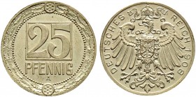 Deutsche Münzen und Medaillen ab 1871. Münzproben des Deutschen Reiches. 
25 Pfennig in Cu/Ni 1908 A. Gekrönter Reichsadler, in der Umschrift die Jah...
