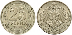 Deutsche Münzen und Medaillen ab 1871. Münzproben des Deutschen Reiches.
25 Pfennig in Neusilber 1909 A. Gekrönter Reichsadler, unten das Münzzeichen...