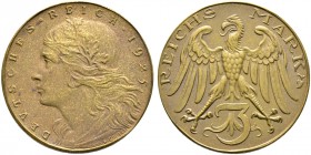 Deutsche Münzen und Medaillen ab 1871. Münzproben des Deutschen Reiches. 
3 Reichsmark-Probe in Bronze 1925. Wie vorher. Schaaf 320a G3 (Stempel 1/2)...