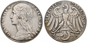 Deutsche Münzen und Medaillen ab 1871. Münzproben des Deutschen Reiches. 
3 Reichsmark-Probe in versilberter Bronze 1925. Ohne Münzzeichen. Stempel v...