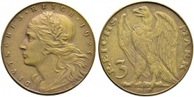 Deutsche Münzen und Medaillen ab 1871. Münzproben des Deutschen Reiches. 
3 Reichsmark-Probe in Bronze 1925. Mit Münzzeichen D. Stempel von K. Goetz....