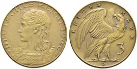 Deutsche Münzen und Medaillen ab 1871. Münzproben des Deutschen Reiches. 
3 Reichsmark-Probe in Bronze 1926. Mit Münzzeichen D. Stempel von K. Goetz....