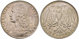 Deutsche Münzen und Medaillen ab 1871. Münzproben des Deutschen Reiches. 
5 Reichsmark-Probe in Silber 1925. Mit Münzzeichen D. Stempel von K. Goetz....