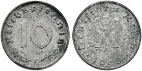 Deutsche Münzen und Medaillen ab 1871. Alliierte Besetzung. 
10 Reichspfennig 1945 F. Ein drittes Exemplar. J. 375.
fein zaponiert, winzige Korrosio...