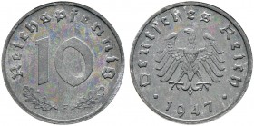 Deutsche Münzen und Medaillen ab 1871. Alliierte Besetzung. 
10 Reichspfennig 1947 F. Ein zweites Exemplar. J. 375.
selten in dieser Erhaltung, fein...