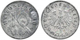 Deutsche Münzen und Medaillen ab 1871. Alliierte Besetzung. 
10 Reichspfennig 1948 F. Ein zweites Exemplar. J. 375.
fein zaponiert, kleine Korrosion...