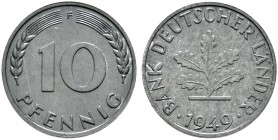 Deutsche Münzen und Medaillen ab 1871. Bank Deutscher Länder. 
10 Pfennig-Probe in ZINK 1949 F. J. 378 Anm., Schaaf -, Slg. Beckenb. -. 3,52 g
sehr ...