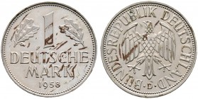 Deutsche Münzen und Medaillen ab 1871. Bundesrepublik Deutschland. 
1 Deutsche Mark 1958 D. J. 385. Auflage in PP: 200 Exemplare
leicht fleckig, Pol...