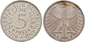 Deutsche Münzen und Medaillen ab 1871. Bundesrepublik Deutschland. 
5 Deutsche Mark 1951 F. J. 387. Auflage: 280 Exemplare
Prachtexemplar, Polierte ...