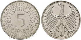 Deutsche Münzen und Medaillen ab 1871. Bundesrepublik Deutschland. 
5 Deutsche Mark 1958 J. J. 387.
überdurchschnittliche Erhaltung, vorzüglich