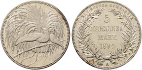 Deutsche Münzen und Medaillen ab 1871. Nebengebiete. Deutsch-Neuguinea 
5 Neuguinea-Mark 1894 A. J. 707.
selten, kleine Kratzer, vorzüglich-prägefri...