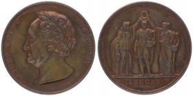 Bronzemedaille, 1826
Deutschland. (v. F. König, b. Loos) auf seinen 75. Geburtstag, am 28. August. Belorb. Kopf n.l. / Goethe Kitharoidos, wird von Mu...