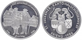 Silbermedaille, 1986
Schweiz. 600 Jahre Stadt und Land Luzern 1386-1986, Dm 33 mm.. 19,88g
PP
