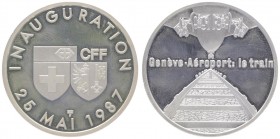 Silbermedaille, 1987
Schweiz. auf die Eröffnung der Eisenbahnanbindung zum Flughafen, Dm 33 mm.. 14,88g
stgl