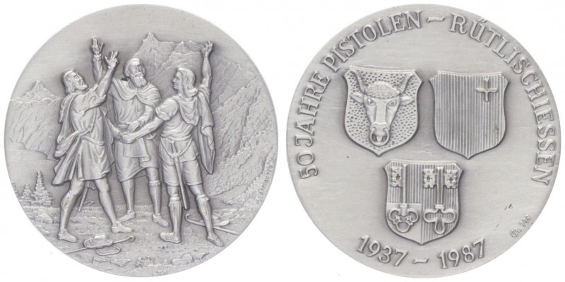 Silbermedaille, 1987
Schweiz. 50 Jahre Pistolen Rütli Schießen.. 18,39g
stgl