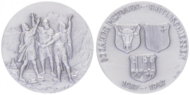Ag - Schützenmedaille, 1987
Schweiz. 50 Jahre Pistolen Rütlischießen.. 17,95g
st...