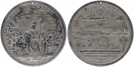 Zinnmedaille, o. Jahr
Schweiz. Stadtansicht von Genf.. 67,00g
gelocht.
vz