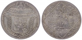 Silbermedaille, 1928
Tschechoslowakei. v. O. Spaniel, Kremnitz Auf die 10-Jahrfeier der Republik, Vs.: Wappen, Rs.: St. Prokop lässt den Teufel pflüge...