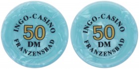 Casinocetons, o. Jahr
Tschechoslowakei. Casino Spielbankenjeton, Franzensbad, zu 50 DM (grün) + 100 DM (schwarz). ges. 10,13g
vz