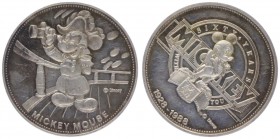 Silbermedaille, 1988
USA. auf das 60-jährige Jubiläum von Mickey Maus, Dm 32 mm.. 10,18g
PP-