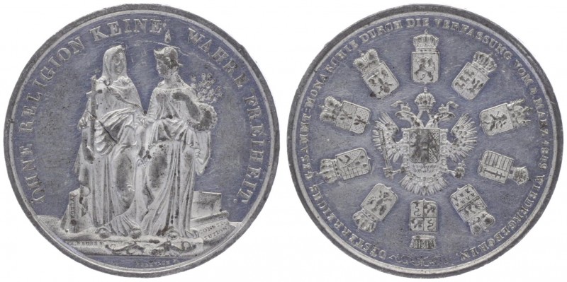 Franz Joseph I. 1848 - 1916
Zinnmedaille, 1849. auf die Verfassung vom 4. März, ...