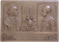 Franz Joseph I. 1848 - 1916
Kupfer-Guss-Plakette, 1911. einseitig, von SCHARFF, Anton *1845 Wien +1903 Brunn am Gebirg. Plakette 1901 HABSBURGER- HERR...